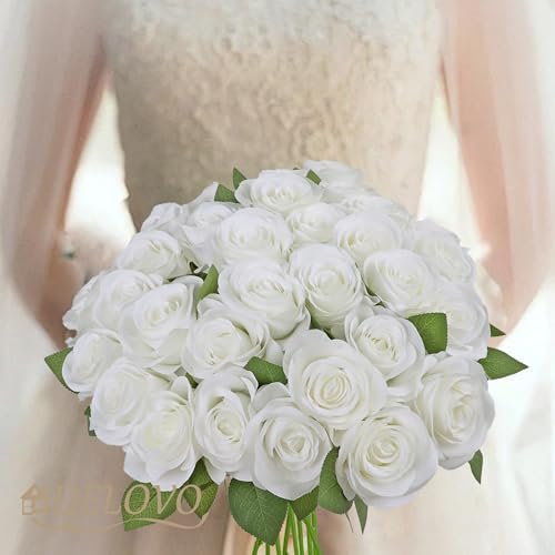 52pcs White Roses Artificial Flowers Ivory Fake Flowers Silk Roses with Stems for DIY Wedding Bouquets Bridal, alternate view