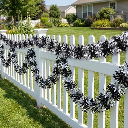 53Ft Black Silver Tinsel Garland, Gothic Halloween Tinsel Garland Decor