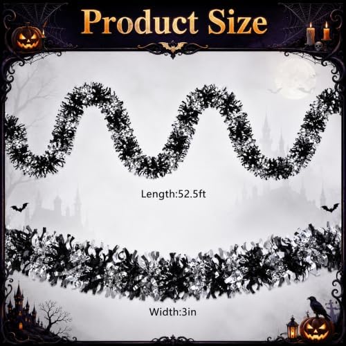 53Ft Black Silver Tinsel Garland, Gothic Halloween Tinsel Garland Decor, alternate view 2