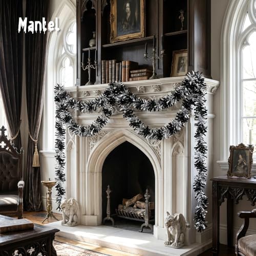 53Ft Black Silver Tinsel Garland, Gothic Halloween Tinsel Garland Decor, alternate view 5