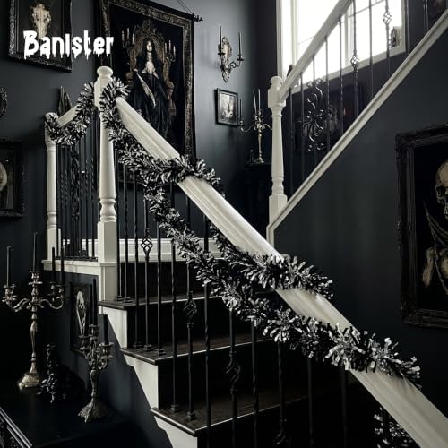 53Ft Black Silver Tinsel Garland, Gothic Halloween Tinsel Garland Decor, alternate view 6