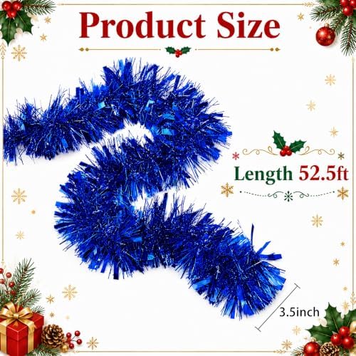 53Ft Blue Christmas Tinsel Garland, Metallic Foil Twist Garland Decoration in Blue, alternate view 3