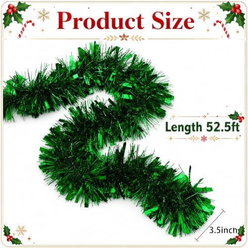 53Ft Green Christmas Tinsel Garland, Metallic Foil Twist Garland Decoration in Green, alternate view 3