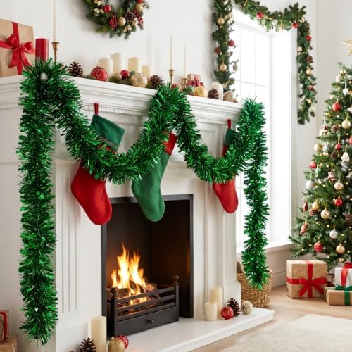 53Ft Green Christmas Tinsel Garland, Metallic Foil Twist Garland Decoration in Green, alternate view 6