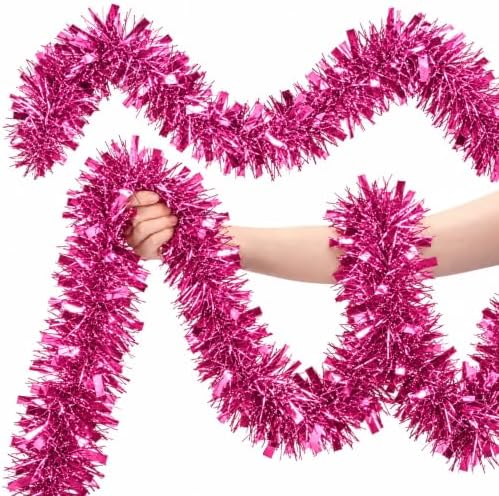 53Ft Pink Christmas Tinsel Garland, Metallic Foil Twist Garland Decoration in Pink