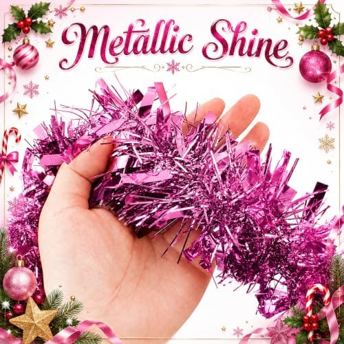 53Ft Pink Christmas Tinsel Garland, Metallic Foil Twist Garland Decoration in Pink, alternate view 4