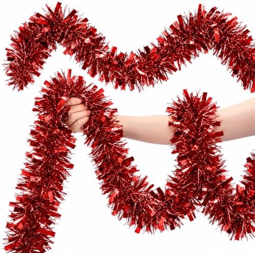 53Ft Red Christmas Tinsel Garland, Metallic Foil Twist Garland Decoration in Red