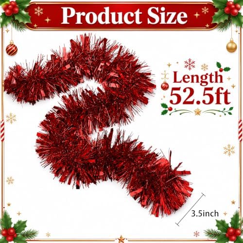 53Ft Red Christmas Tinsel Garland, Metallic Foil Twist Garland Decoration in Red, alternate view 3