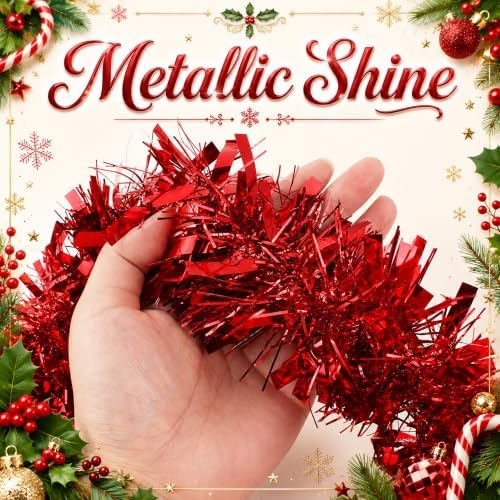 53Ft Red Christmas Tinsel Garland, Metallic Foil Twist Garland Decoration in Red, alternate view 4