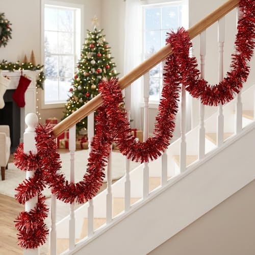 53Ft Red Christmas Tinsel Garland, Metallic Foil Twist Garland Decoration in Red, alternate view 5