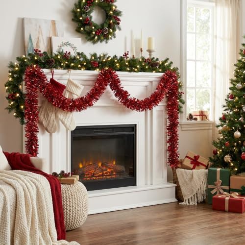 53Ft Red Christmas Tinsel Garland, Metallic Foil Twist Garland Decoration in Red, alternate view 6