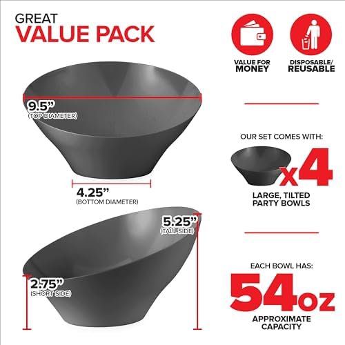 54oz Black Plastic Serving Bowls (4 Pack) Large Disposable Snack Bowl Candy Dishes, Buffet Containers, Chips, alternate view