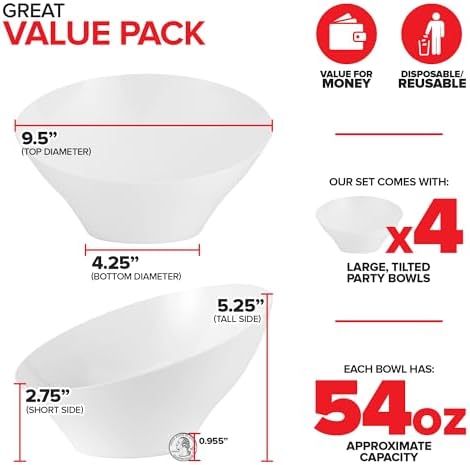 54oz White Plastic Serving Bowls (4 Pack) Large Disposable Snack Bowl Candy Dishes, Buffet Containers, Chips, alternate view