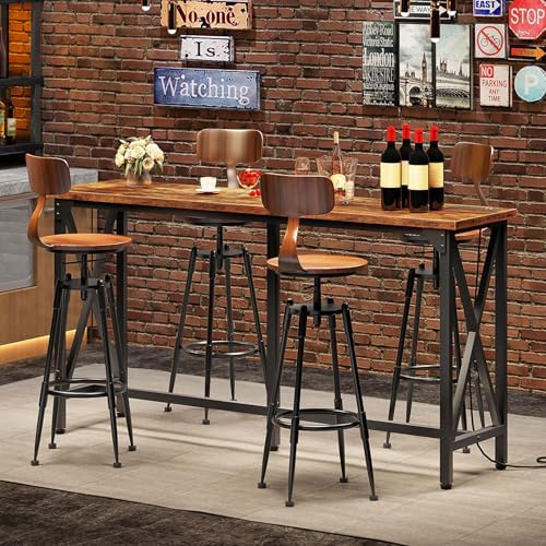 55'' Bar Table, Kitchen Dining Table with Power Outlet and Footrest, Industrial Style, for Pub, Living Room