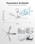 56 Inch White Ceiling Fan High Air Volume, ABS Fan Blade 6-Speed Reversible Quiet DC Motor, No Light Ceiling For, alternate