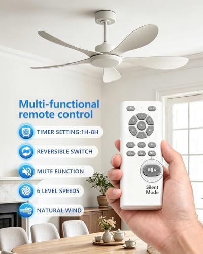 56 Inch White Ceiling Fan High Air Volume, ABS Fan Blade 6-Speed Reversible Quiet DC Motor, No Light Ceiling For, alternate