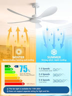 56 Inch White Ceiling Fan High Air Volume, ABS Fan Blade 6-Speed Reversible Quiet DC Motor, No Light Ceiling For, alternate