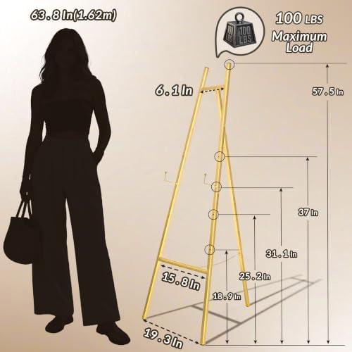 57.5" Tall Gold Metal Easel Stand for Sign, Heavy Duty Art Easel with Adjustable Chain, Tripod Structure,4-Level, alternate