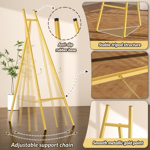 57.5" Tall Gold Metal Easel Stand for Sign, Heavy Duty Art Easel with Adjustable Chain, Tripod Structure,4-Level, alternate