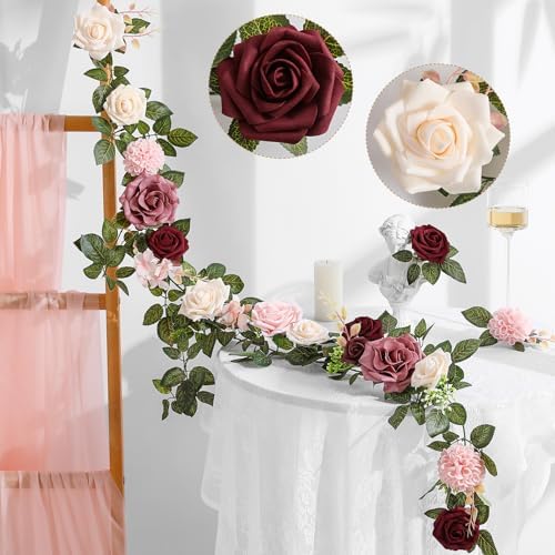 5FT Artificial Rose Flower Burgundy Fake Floral Garland for Wedding Ceremony Backdrop Arch Flowers Table, alternate view 3