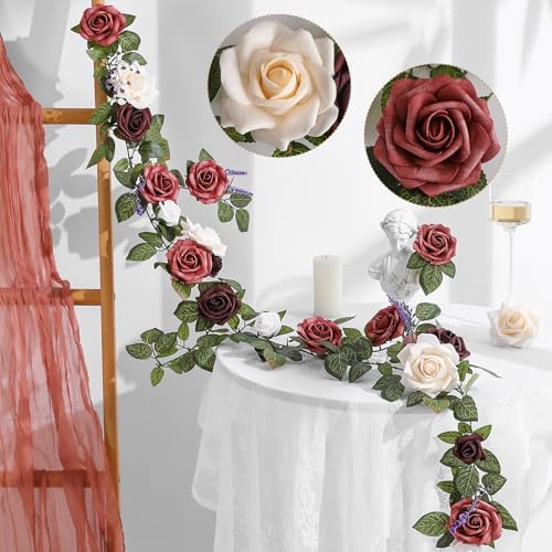 5FT Burgundy Ivory Artificial Rose Garland for Wedding Arch Table in 1 in Burgundy & Ivory Cream
