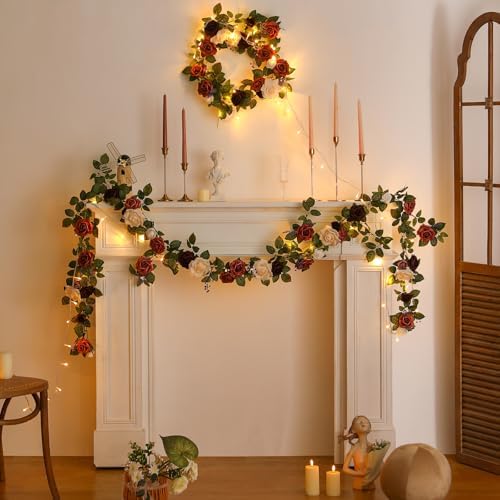 5FT Burgundy Ivory Artificial Rose Garland for Wedding Arch Table in 1 in Burgundy & Ivory Cream, alternate view 4