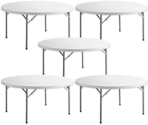 5ft Commercial Round Table Pack - 5 Lightweight Plastic Circle Tables, 60in Diameter, Ideal for Cafeterias