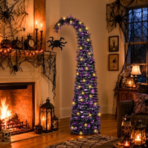 5FT Curved Halloween Pop Up Christmas Tree with Spider Pendant and Lights, alternate view 2