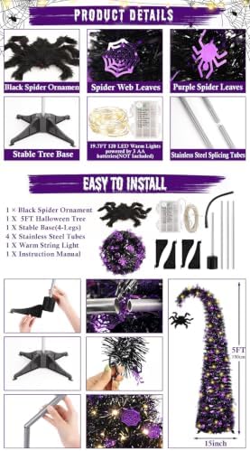 5FT Curved Halloween Pop Up Christmas Tree with Spider Pendant and Lights, alternate view 3