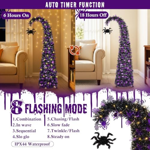 5FT Curved Halloween Pop Up Christmas Tree with Spider Pendant and Lights, alternate view 4
