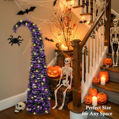 5FT Curved Halloween Pop Up Christmas Tree with Spider Pendant and Lights, alternate view 5