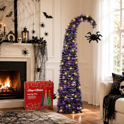 5FT Curved Halloween Pop Up Christmas Tree with Spider Pendant and Lights, alternate view 6