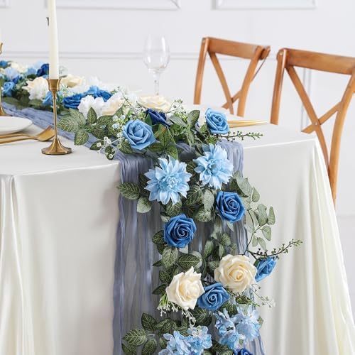 5FT Dusty Blue Artificial Rose Garland for Wedding Arch Table Decor in 1 in Dusty Blue & White, alternate view 4