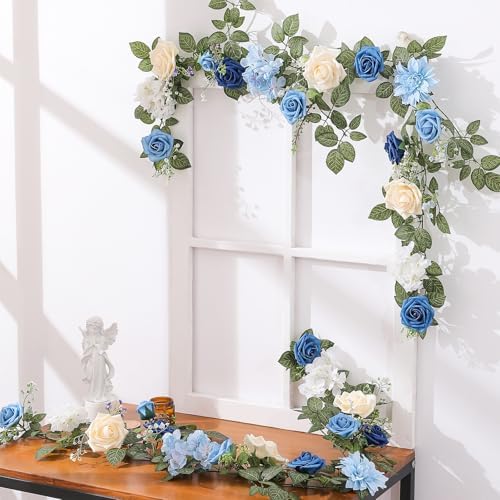 5FT Dusty Blue Artificial Rose Garland for Wedding Arch Table Decor in 1 in Dusty Blue & White, alternate view 5