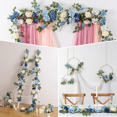 5FT Dusty Blue Artificial Rose Garland for Wedding Arch Table Decor in 1 in Dusty Blue & White, alternate view 6