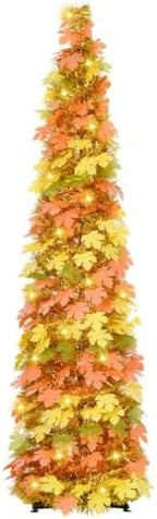 5FT Fall Pop Up Tree with 100 LED Lights and Timer, Maple Leaf Tinsel Tree
