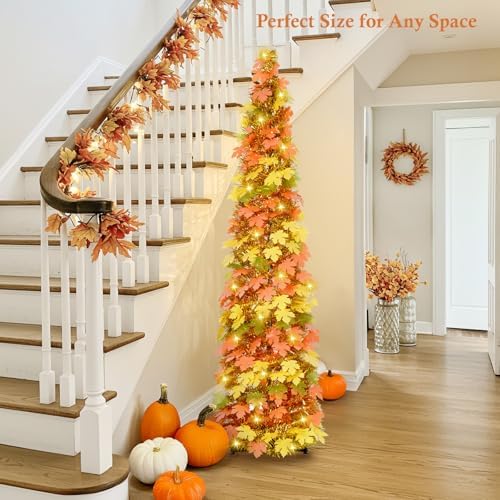 5FT Fall Pop Up Tree with 100 LED Lights and Timer, Maple Leaf Tinsel Tree, alternate view 2