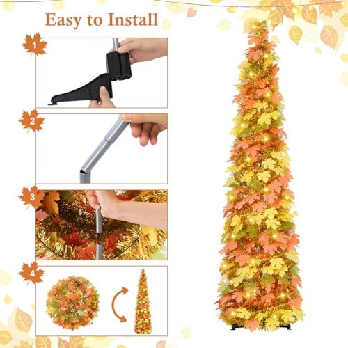 5FT Fall Pop Up Tree with 100 LED Lights and Timer, Maple Leaf Tinsel Tree, alternate view 3