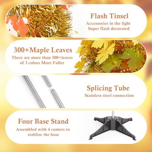 5FT Fall Pop Up Tree with 100 LED Lights and Timer, Maple Leaf Tinsel Tree, alternate view 5