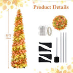 5FT Fall Pop Up Tree with 100 LED Lights and Timer, Maple Leaf Tinsel Tree, alternate view 6