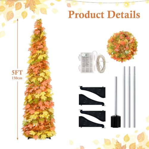 5FT Fall Pop Up Tree with 100 LED Lights and Timer, Maple Leaf Tinsel Tree, alternate view 6