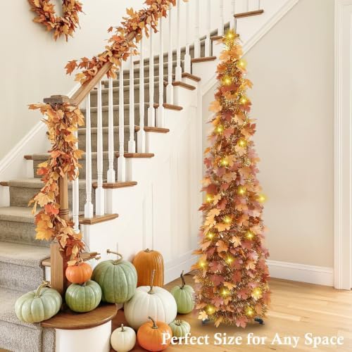 5FT Fall Pop Up Tree with 100 LED Lights, Brown Maple Leaf Tinsel Tree, alternate view 2