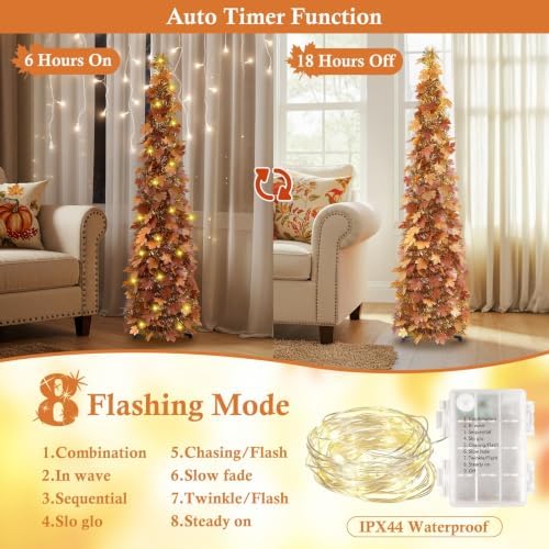5FT Fall Pop Up Tree with 100 LED Lights, Brown Maple Leaf Tinsel Tree, alternate view 3