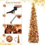 5FT Fall Pop Up Tree with 100 LED Lights, Brown Maple Leaf Tinsel Tree, alternate view 4