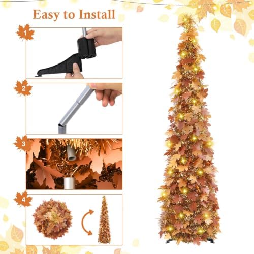 5FT Fall Pop Up Tree with 100 LED Lights, Brown Maple Leaf Tinsel Tree, alternate view 4