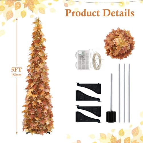 5FT Fall Pop Up Tree with 100 LED Lights, Brown Maple Leaf Tinsel Tree, alternate view 5