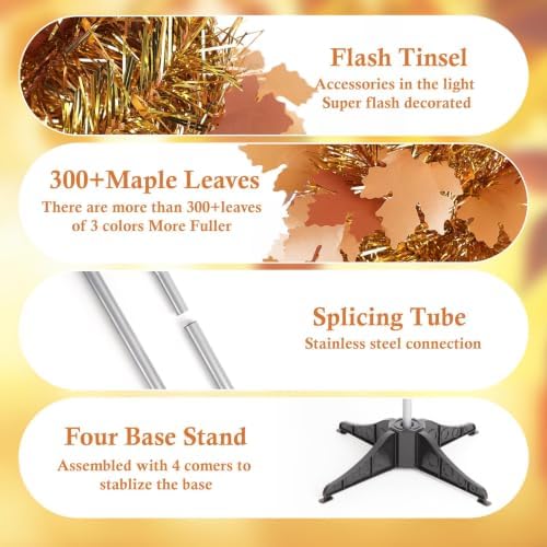 5FT Fall Pop Up Tree with 100 LED Lights, Brown Maple Leaf Tinsel Tree, alternate view 6
