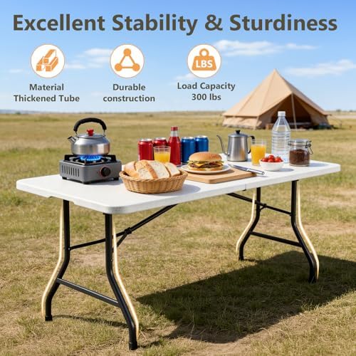 5FT Folding Table 4 Pack, Heavy Duty Fold in Half Plastic Tables with Carry Handle, Portable Indoor Outdoor, alternate view 4