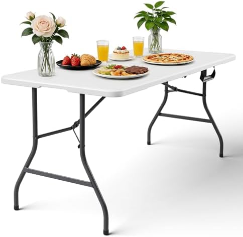5FT Folding Table, Fold-in-Half Utility Tables with Handle