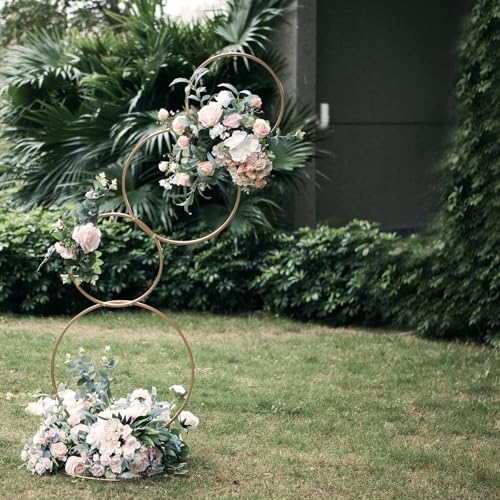 5ft Gold Hoop Pillar Flower Stand, Tall Metal Wedding Arch for Aisle Markers, Stage Backdrops and Modern Floral, alternate